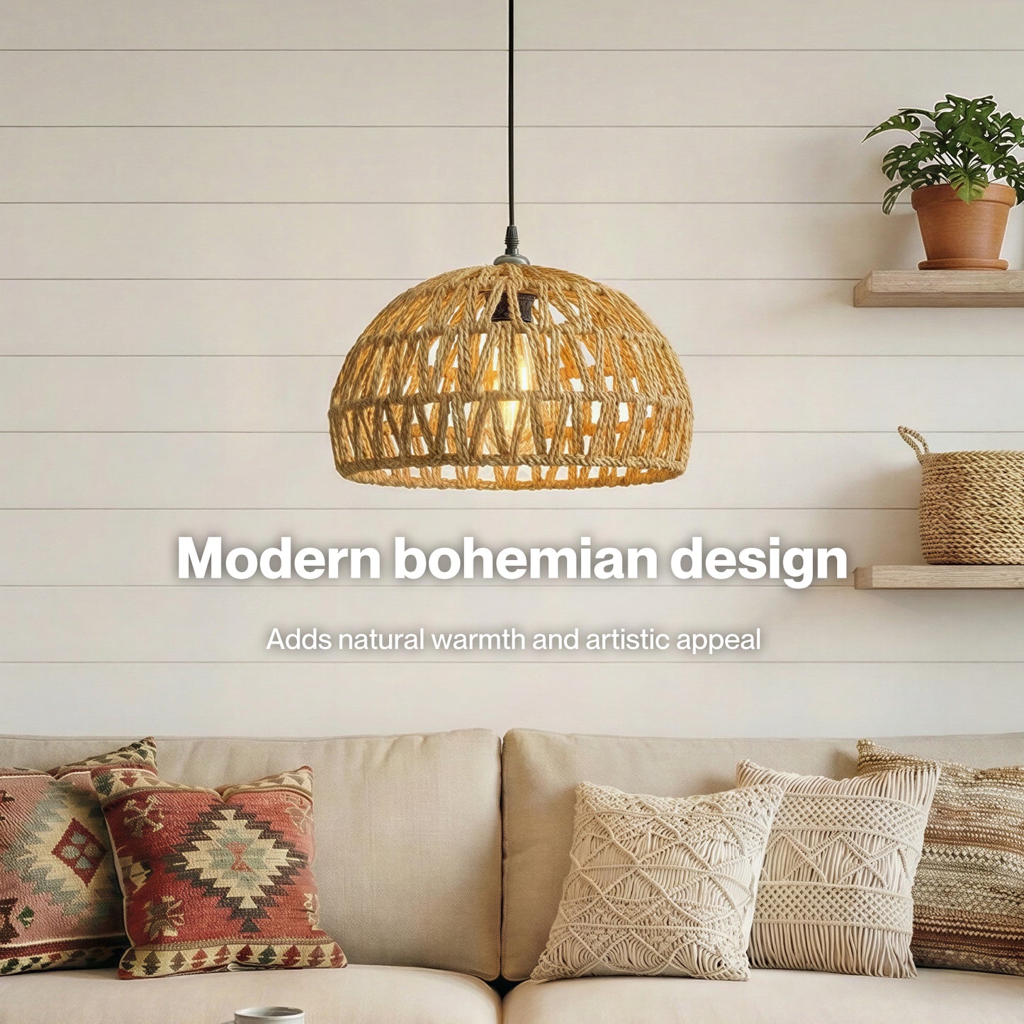 Emitto Rustic Ceiling Pendant Light Shade Hemp Rope Lamp Shade Boho Yellow 23cm