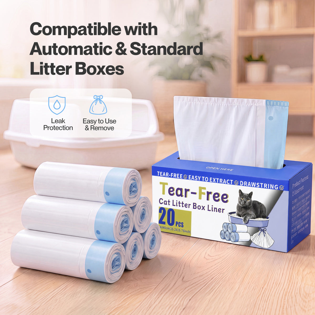 Skylos Cat Litter Bags Drawstring Tear Resistant 120 Pack Auto Litter Tray Blue