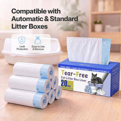 Skylos Cat Litter Bags Drawstring Tear Resistant 120 Pack Auto Litter Tray Blue