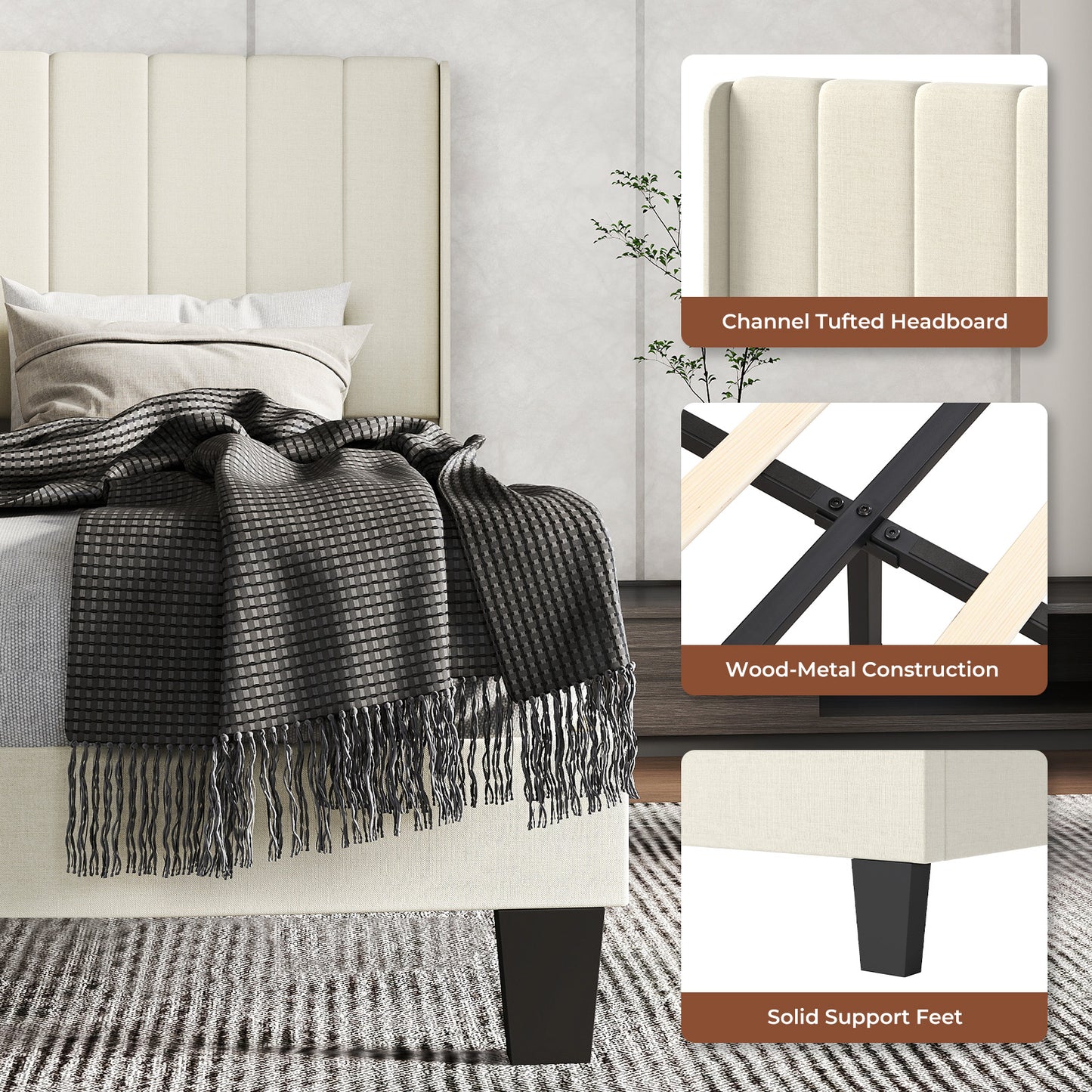 Levede Wooden Bed Frame King Panel Plush Upholstered Metal Bed Platform Beige