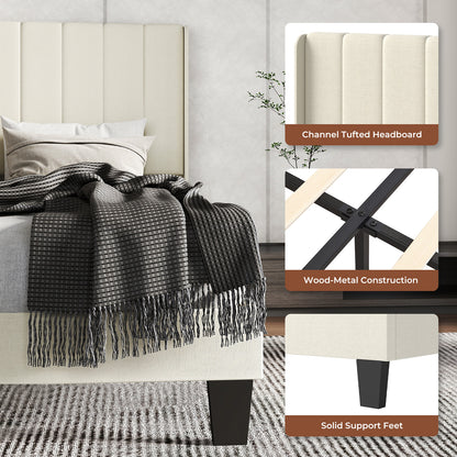 Levede Wooden Bed Frame King Panel Plush Upholstered Metal Bed Platform Beige