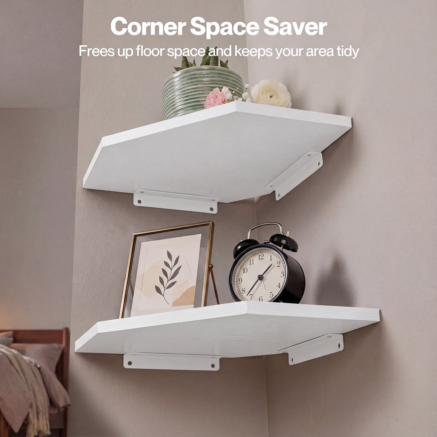Levede 2 Pack Floating Corner Shelves Cable Cut-Out Wall Mounted Storage White
