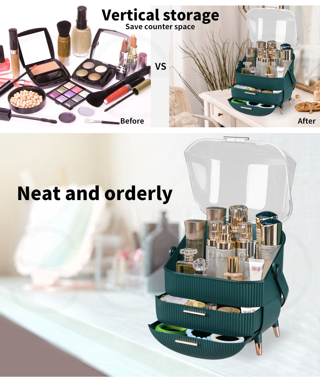 ilus Makeup Organizer Case Drawer Portable Cosmetic Jewellery Storage Box Dark Green