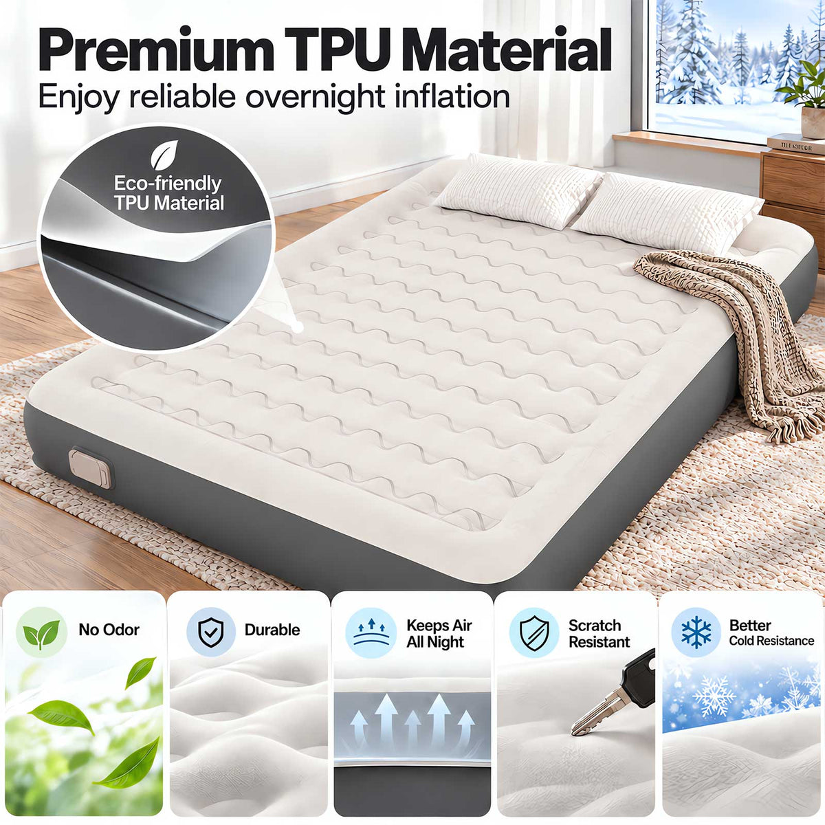 Lavio Inflatable Mattress TPU Airbed Rechargeable Pump Double Camp Bed Grey