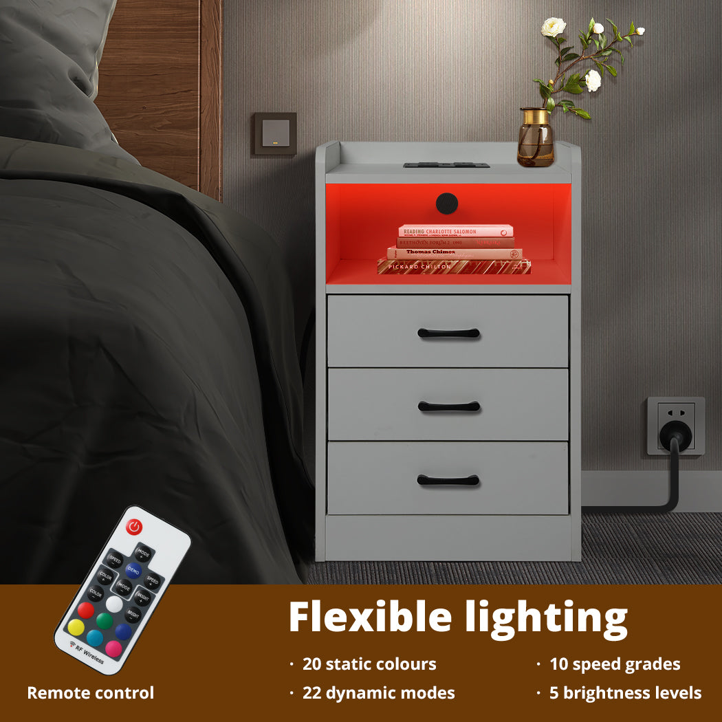 Levede Bedside Table Nightstand USB Charger Outlet RGB LED 3 Drawers White