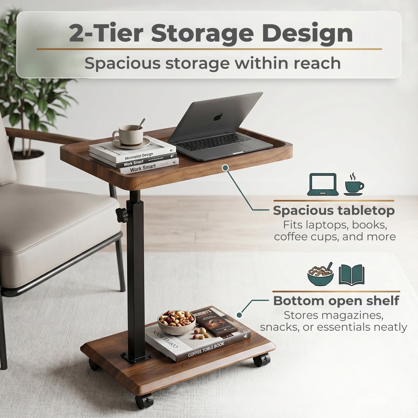Levede C Shaped Side Table Height Adjustable Rolling 360° Swivel Top End Table