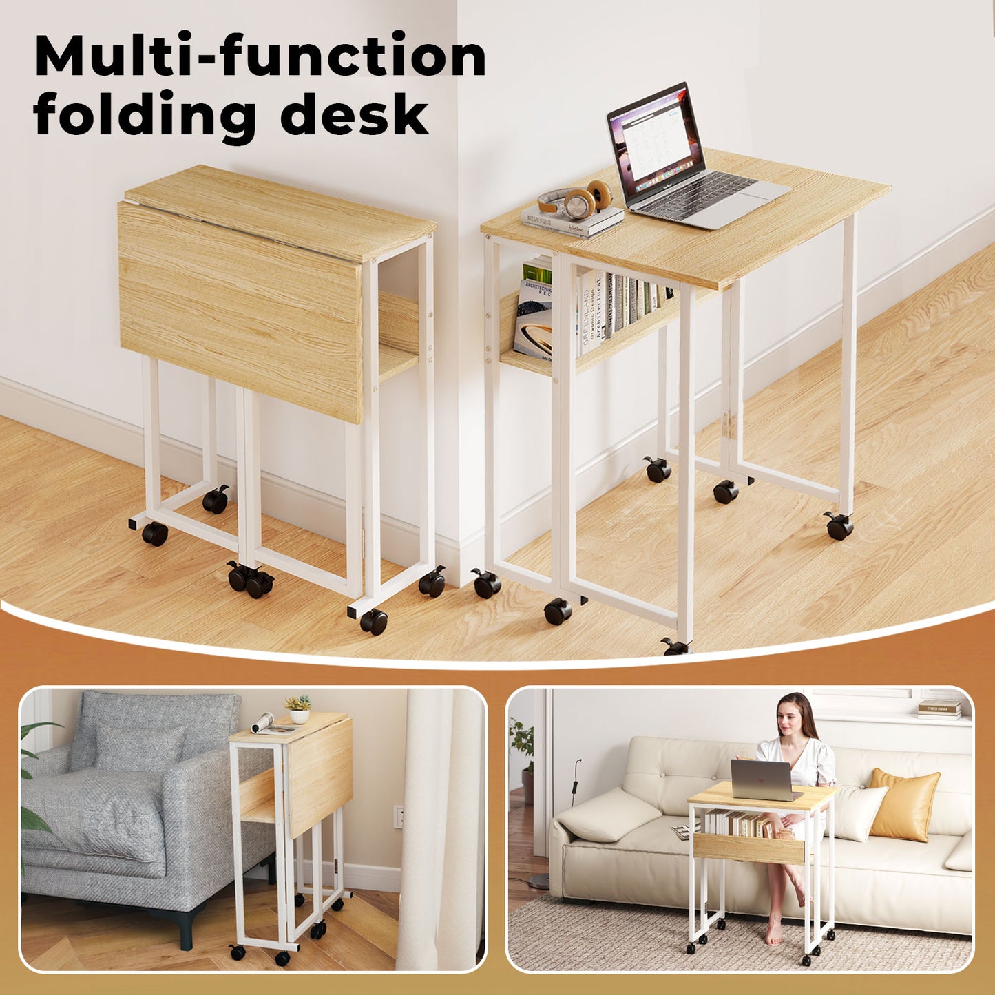 Levede Folding Computer Desk Extandable Table with Storage Shelf Wheeled Compact