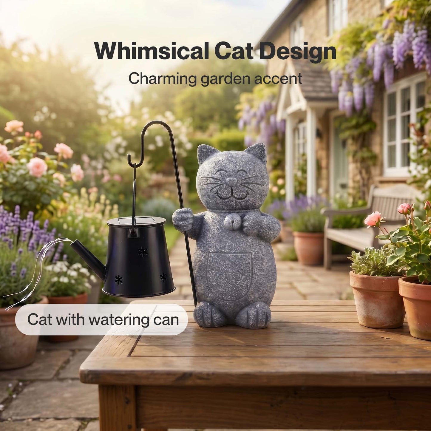 Emitto Solar Light Cat Garden Statue Ornament Resin Metal Stone Grey Black