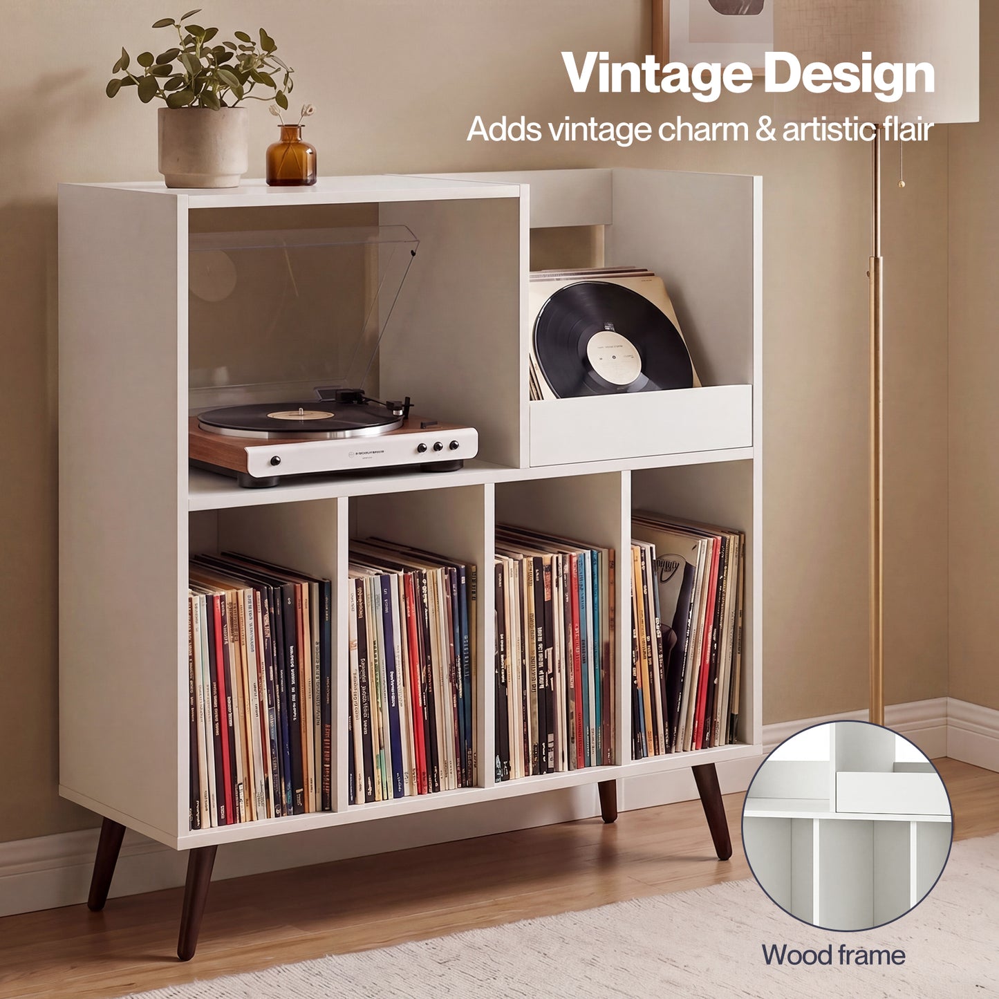 Levede Record Player Stand 300+ Album Storage Turntable Cabinet Rubber Wood White
