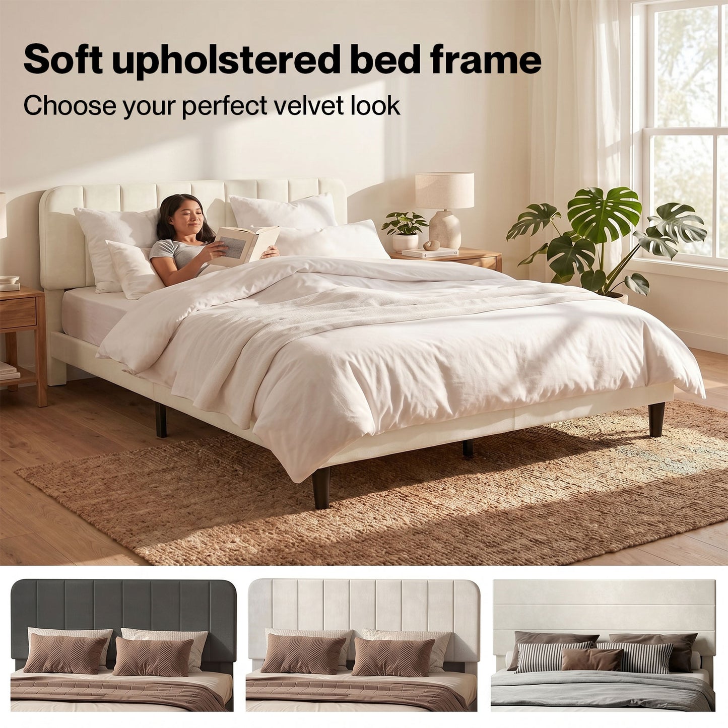 Levede Bed Frame Velvet Upholstered Platform Adjustable Headboard Double King