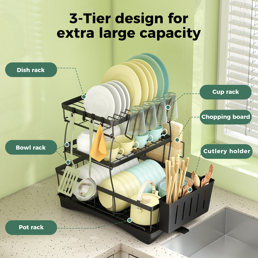 Toque Dish Drying Drainer Rack 3 Tier with Drip Tray Plate Cup Cutlery Holder