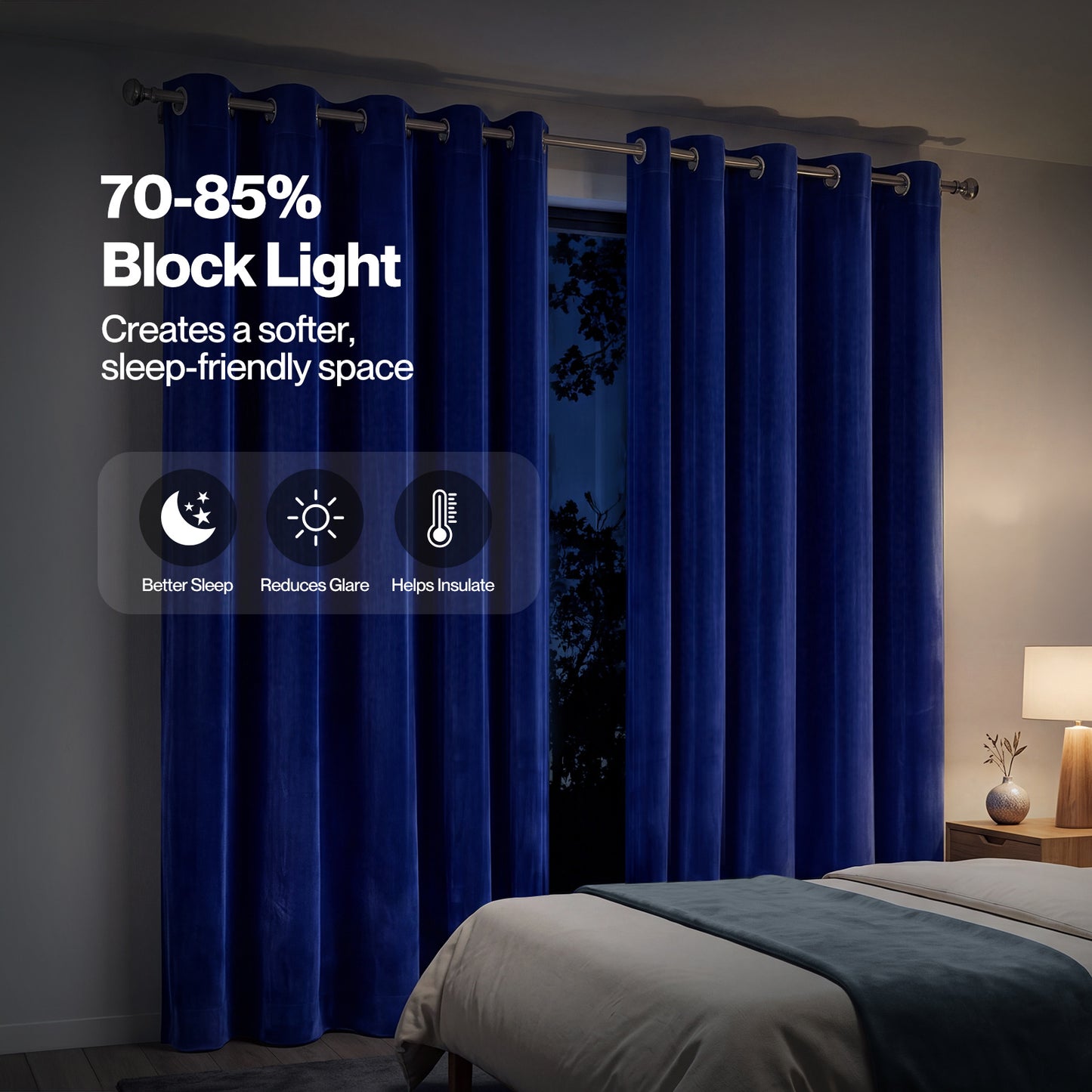 Marlow Thick Thermal Blackout Curtains Velvet 66x72 Inch Eyelet Ring Top Blue