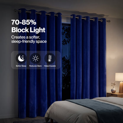 Marlow Thick Thermal Blackout Curtains Velvet 66x72 Inch Eyelet Ring Top Blue