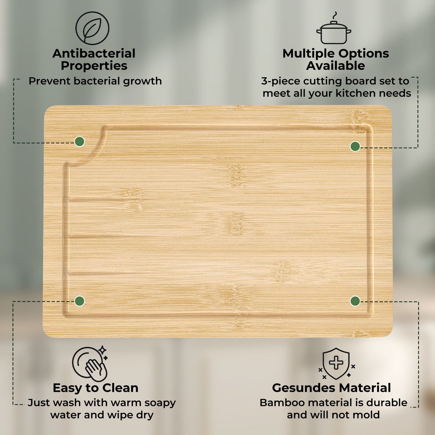 Toque 3Pcs Bamboo Cutting Board Set Chopping Boards Serving Platter Kitchen