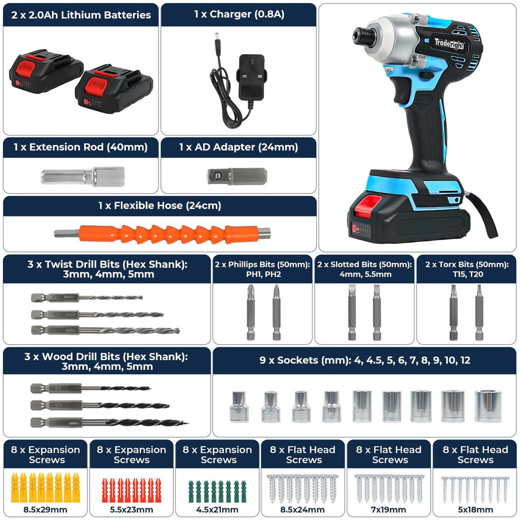 Traderight 21V Cordless Brushless Impact Driver 2 Battery 1/4" Electric Wrench