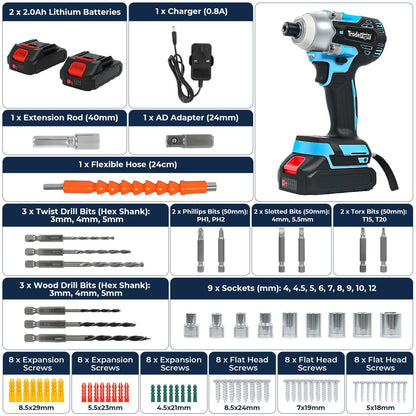 Traderight 21V Cordless Brushless Impact Driver 2 Battery 1/4" Electric Wrench