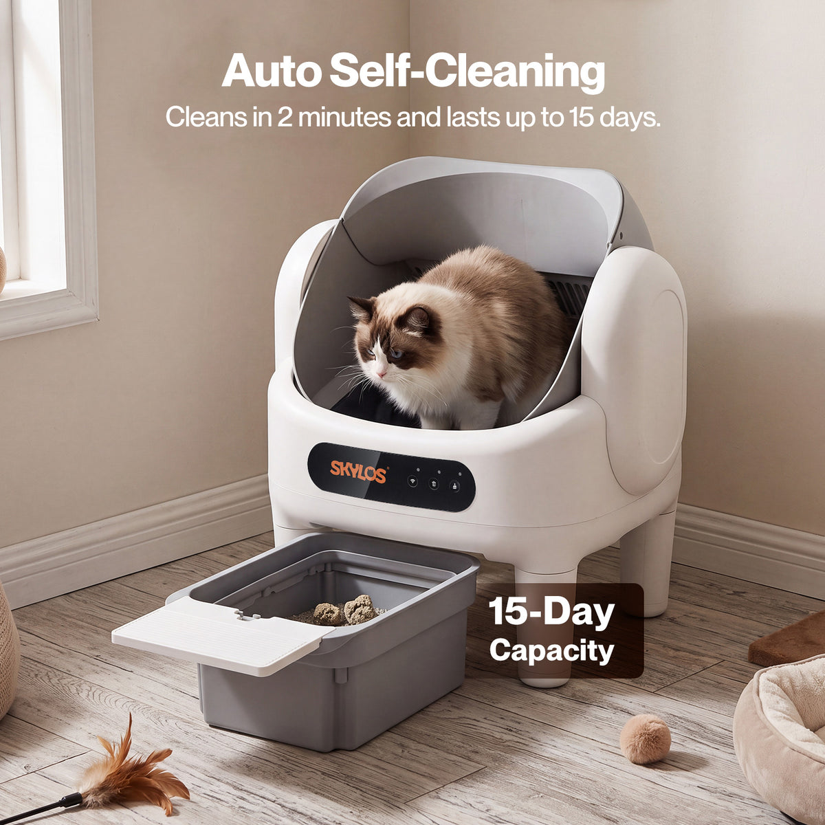 Skylos Cat Litter Tray Self Cleaning App Control Quiet for Multi Cats White