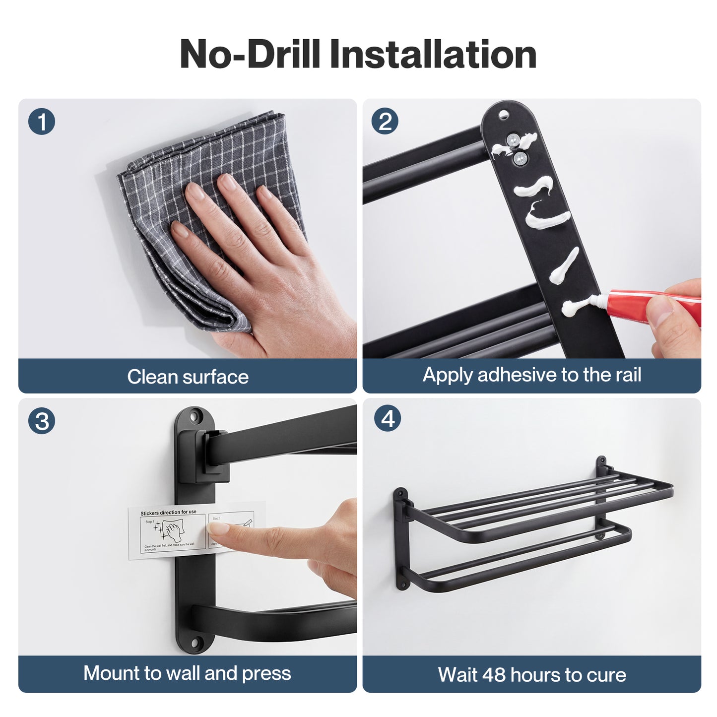 Levede Towel Holder with 2 Bars Wall Mounted No Drill Bathroom Shelf Black