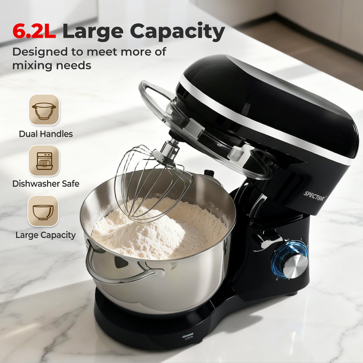 Spector Electric Stand Mixer 6.2L Stainless Steel Mixing Bowl 1400W 6 Speeds
