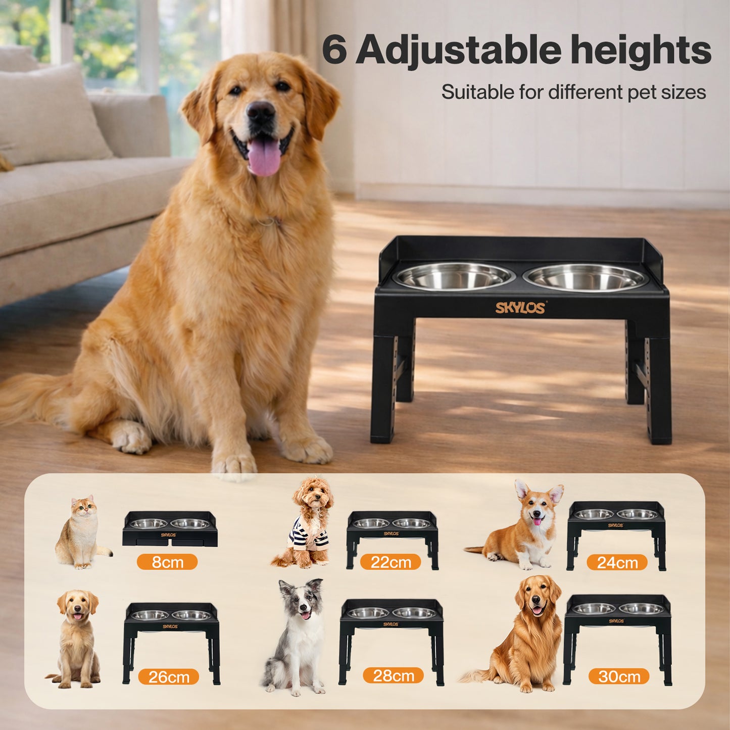 Skylos Elevated Pet Feeder Double Raised Dog Bowls 6 Height Food Water Feeding