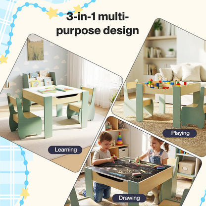Levede Kids Table and Chair Sets 3-in-1 Study Toy Storage MDF Safe Design Green