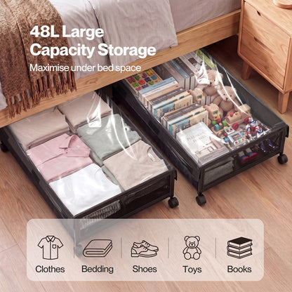 Levede Under Bed Storage Box with Lid Wheels 48L  Metal Frame Black