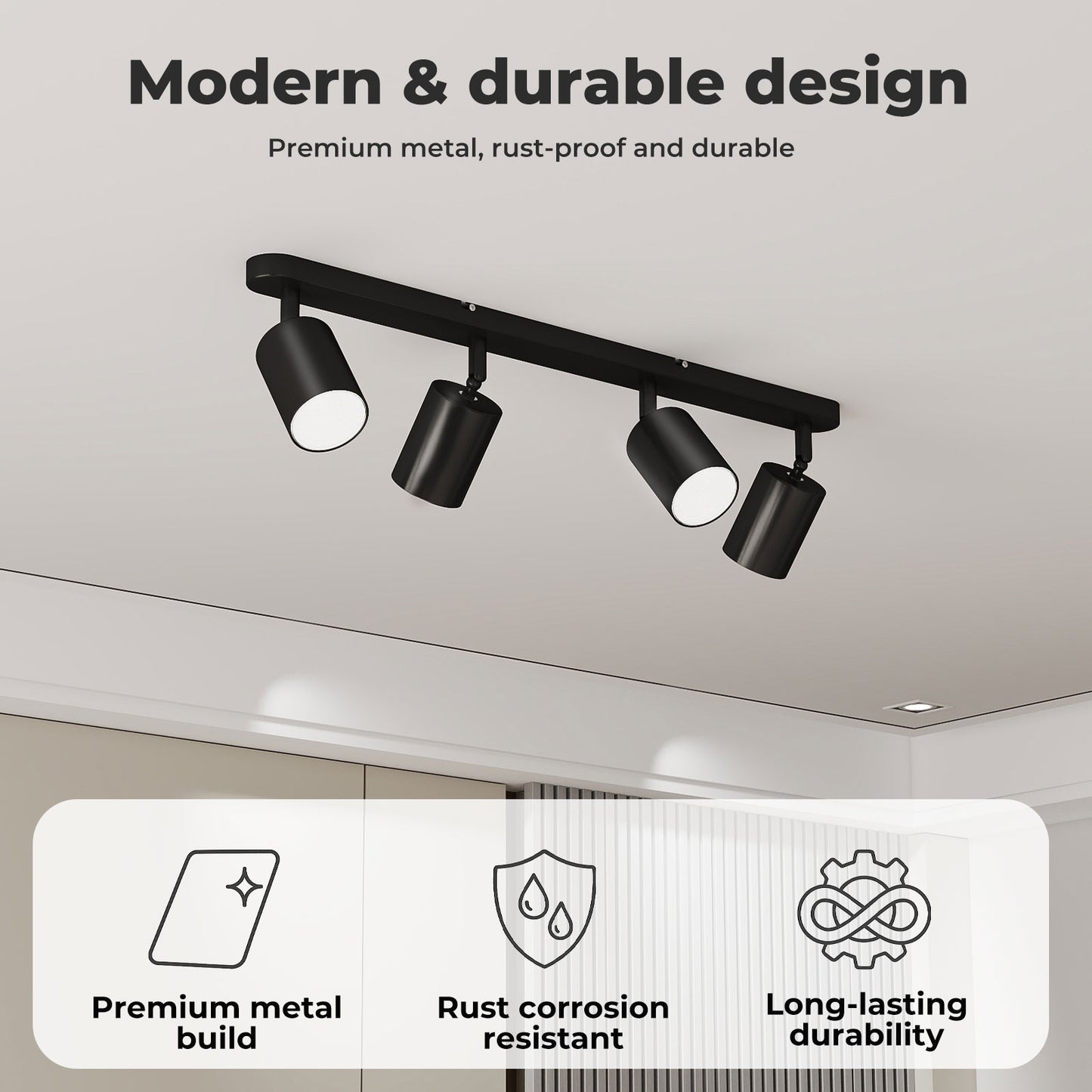 EMITTO Led Ceiling Spot Light GU10 4-Way Fully Adjustable Steel Modern Black