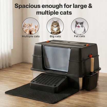 Skylos Cat Litter Box Enclosed Stainless Steel Litter Tray Hooded Covered Toilet