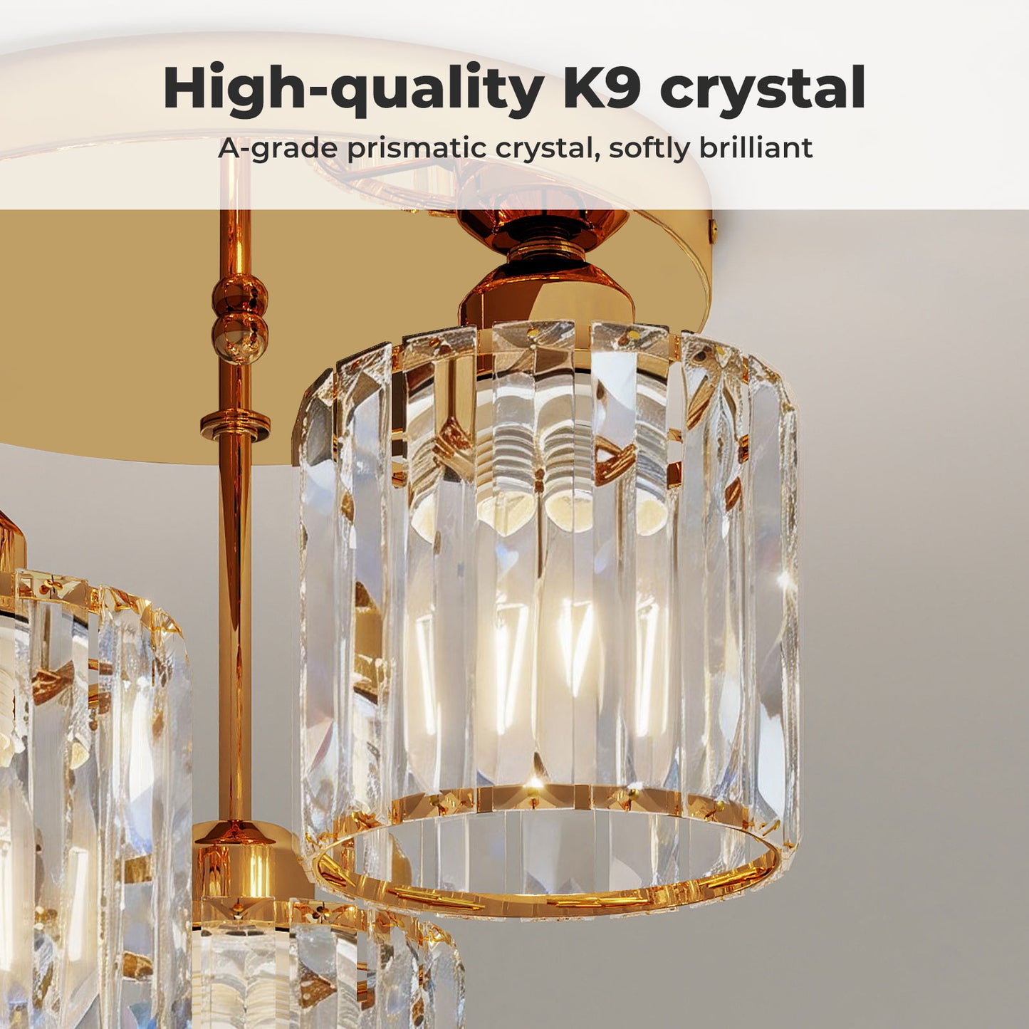 Emitto Crystal Ceiling Light 3 Light E27 Chandelier Semi Flush Mount Lamp Gold