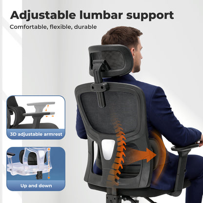 Office Computer Chair Mesh Ergonomic Lumbar Support with 3D Armrest Headrest