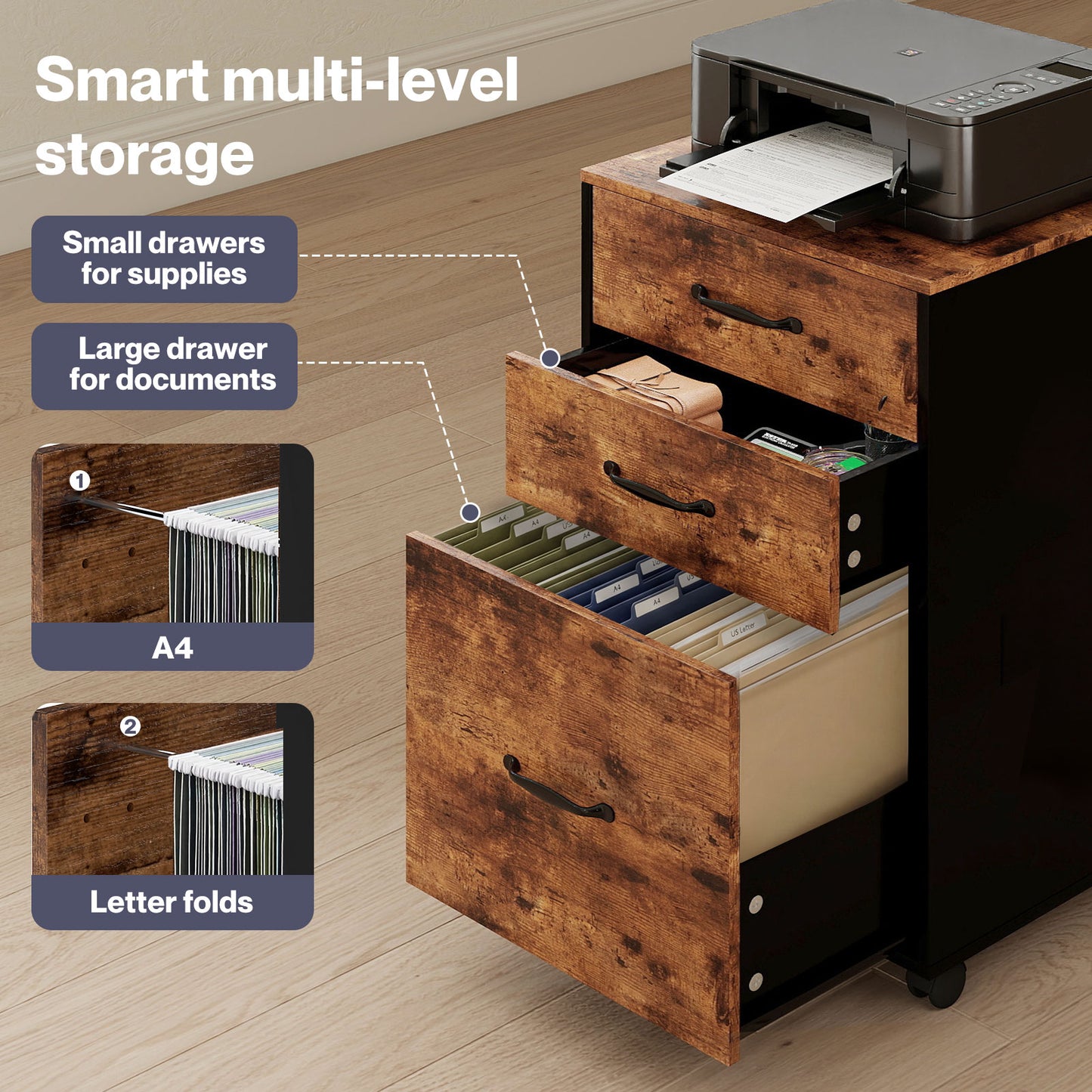 Levede File Cabinet Mobile Filing Cabinet Office with Wheels 3 Drawers Walnut