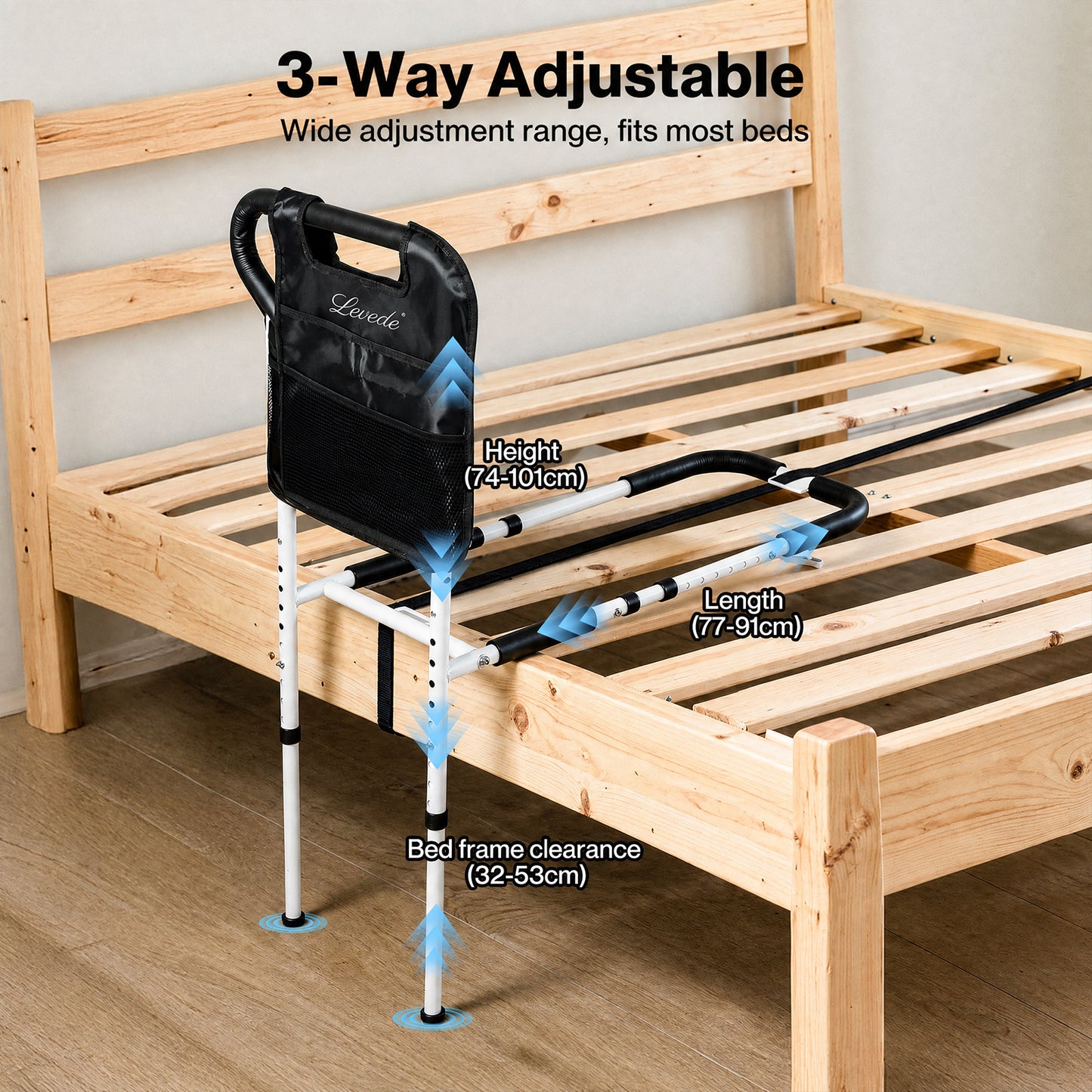 Levede Bed Rail Frame Adjustable Bedside Support Bar Bedroom Handle Storage Bag