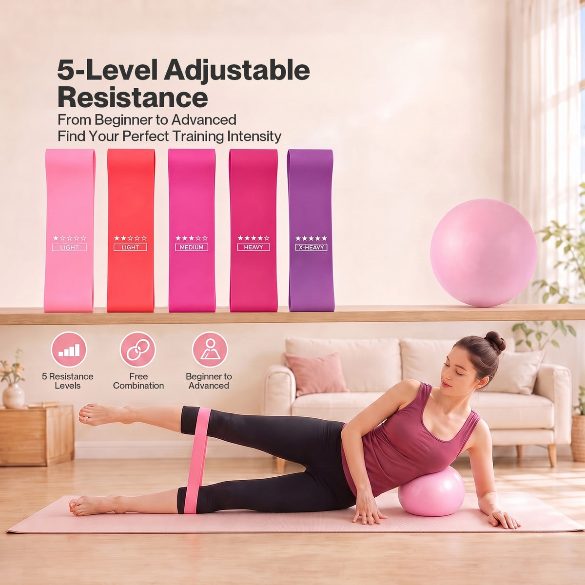 Centra Pilates Kit 13Pc All In One Set with Ring Ball Bands Home Workout Pink