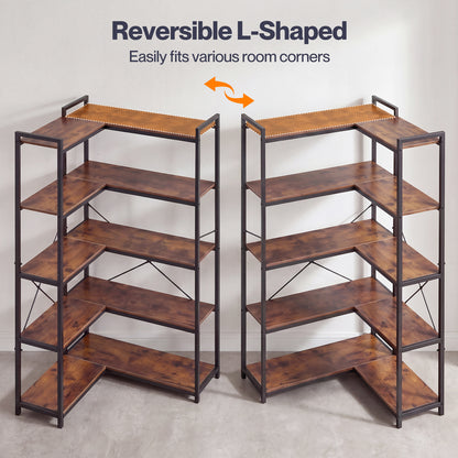 Levede Corner Bookcase 5-Tier L-Shaped Bookshelf Space-Saving Spice Walnut Black Metal