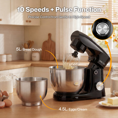 Spector Stand Mixer Electric 5L+4.5L Mixing Bowl 1500W 10 Speed Dough Hook Whisk
