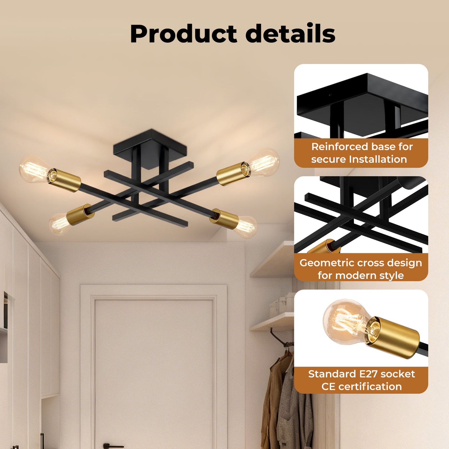 EMITTO Semi Flush Mount Ceiling Light Fixture Matte Black & Gold 4 Light E27
