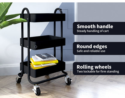 Levede Kitchen Trolley Cart 3 Tiers Storage Rack Steel Shelf Organiser Wheels