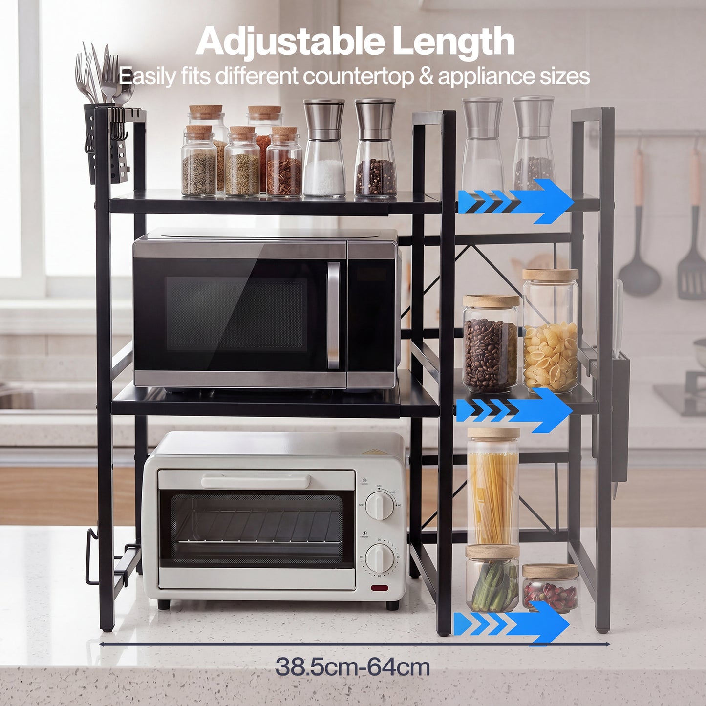 TOQUE 3 Tier Expandable Microwave Oven Rack Stand Kitchen Storage Shelf Black