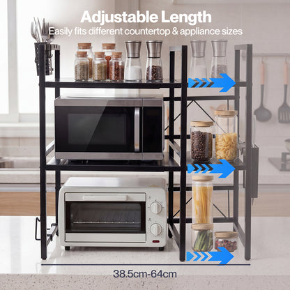 TOQUE 3 Tier Expandable Microwave Oven Rack Stand Kitchen Storage Shelf Black