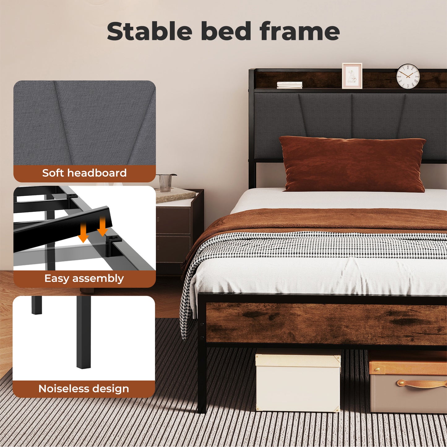 Levede Heavy Duty Single Bed Frame Metal Platform with Storage Headboard 3FT