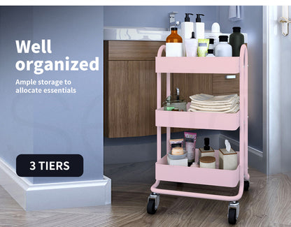 Levede 3 Tiers Kitchen Trolley Cart Steel Storage Rack Shelf Organiser Pink