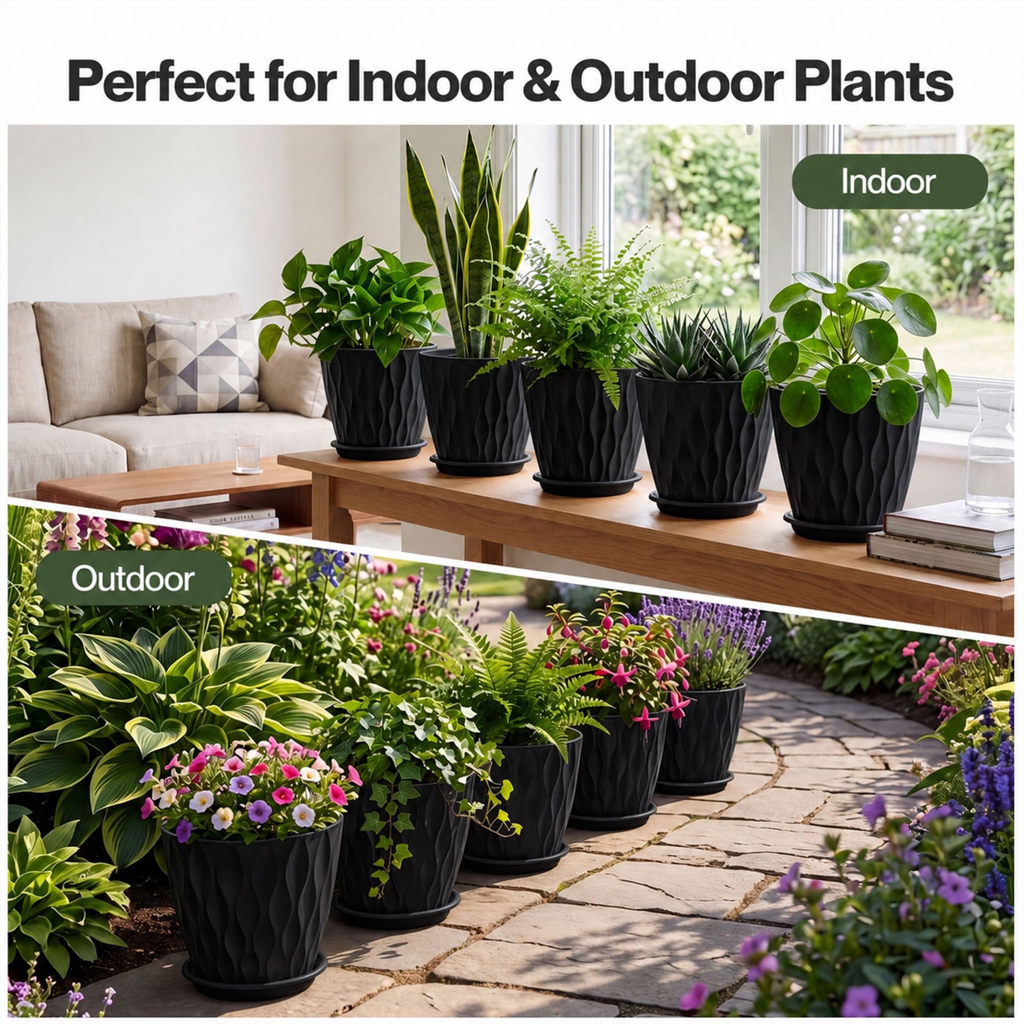 TOQUE Plant Pots 5Pc 20cm Plant Pots Indoor Drainage PP Plastic Black