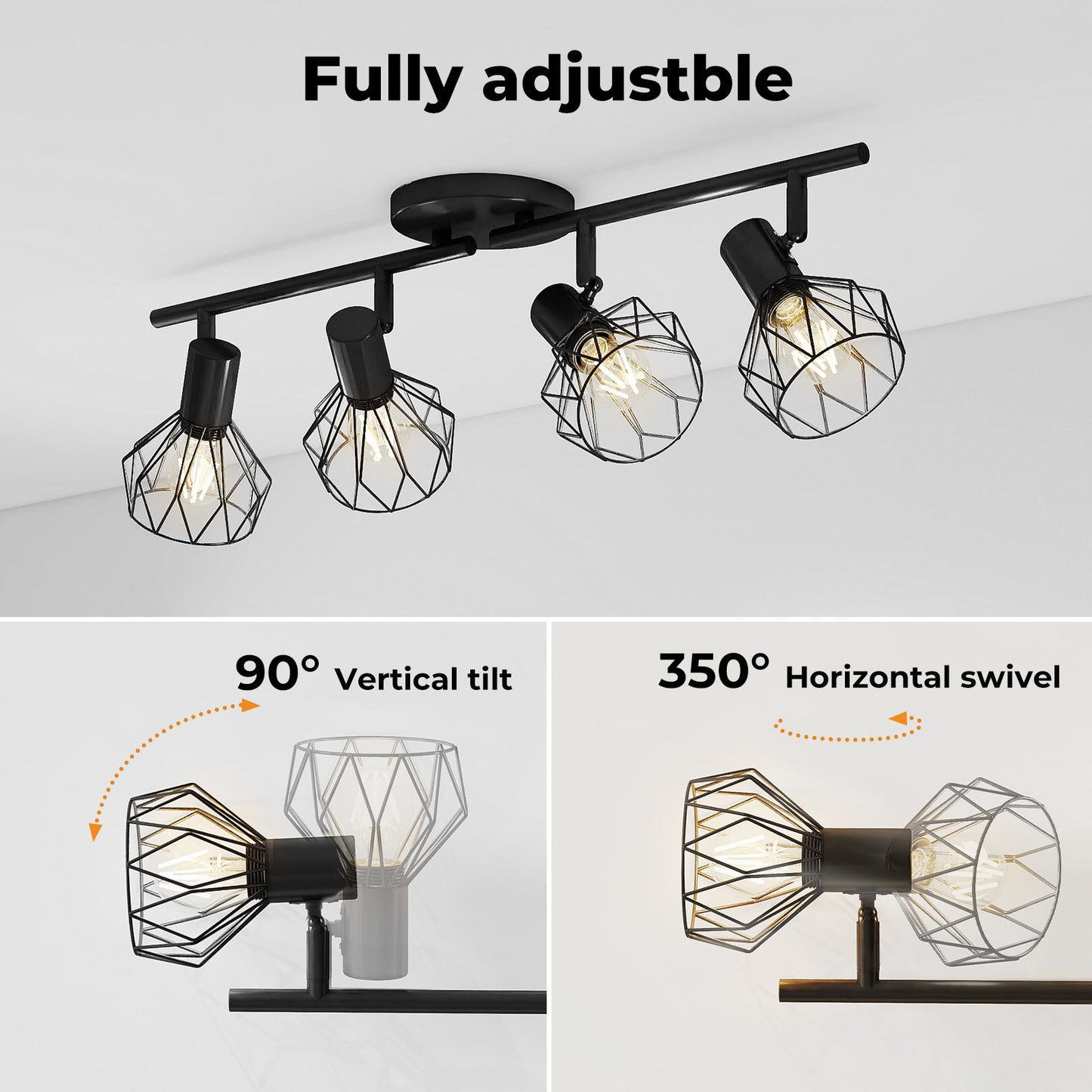 EMITTO LED Spot Ceiling Light 4-Way Adjustable Vintage Black Metal E14 Fixture