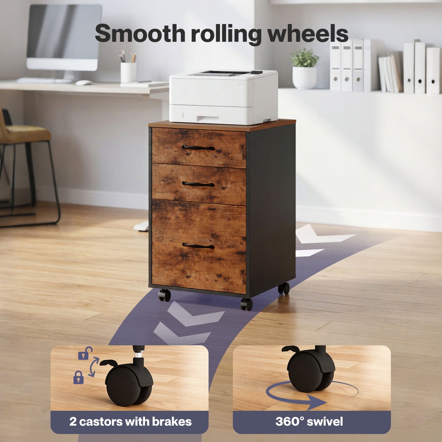 Levede File Cabinet Mobile Filing Cabinet Office with Wheels 3 Drawers Walnut