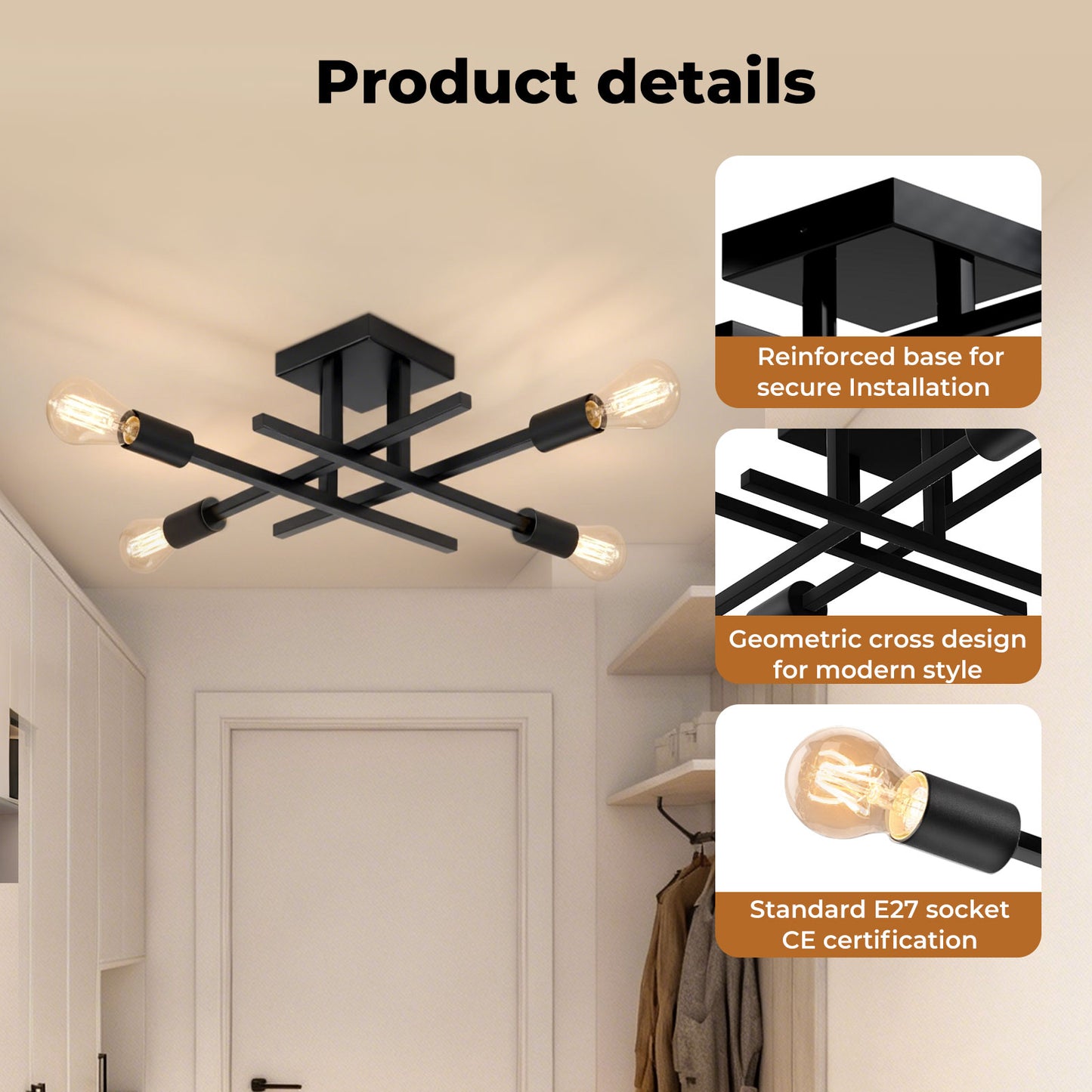 EMITTO Semi Flush Mount Ceiling Light Fixture Matte Black 4 Light E27 Socket