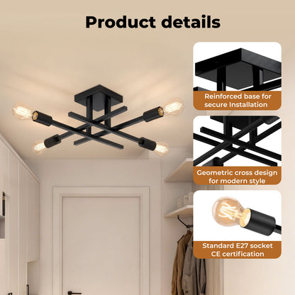 EMITTO Semi Flush Mount Ceiling Light Fixture Matte Black 4 Light E27 Socket