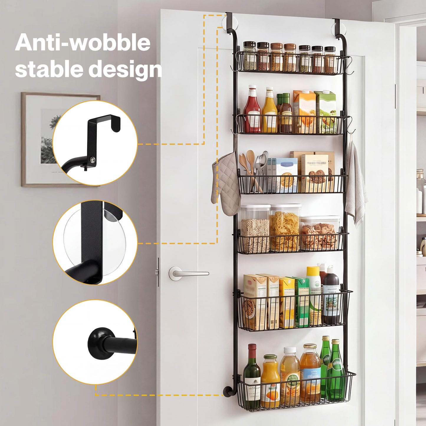 TOQUE Over Door Pantry Organiser 6 Tier Kitchen Hanging Storage Rack Black Metal