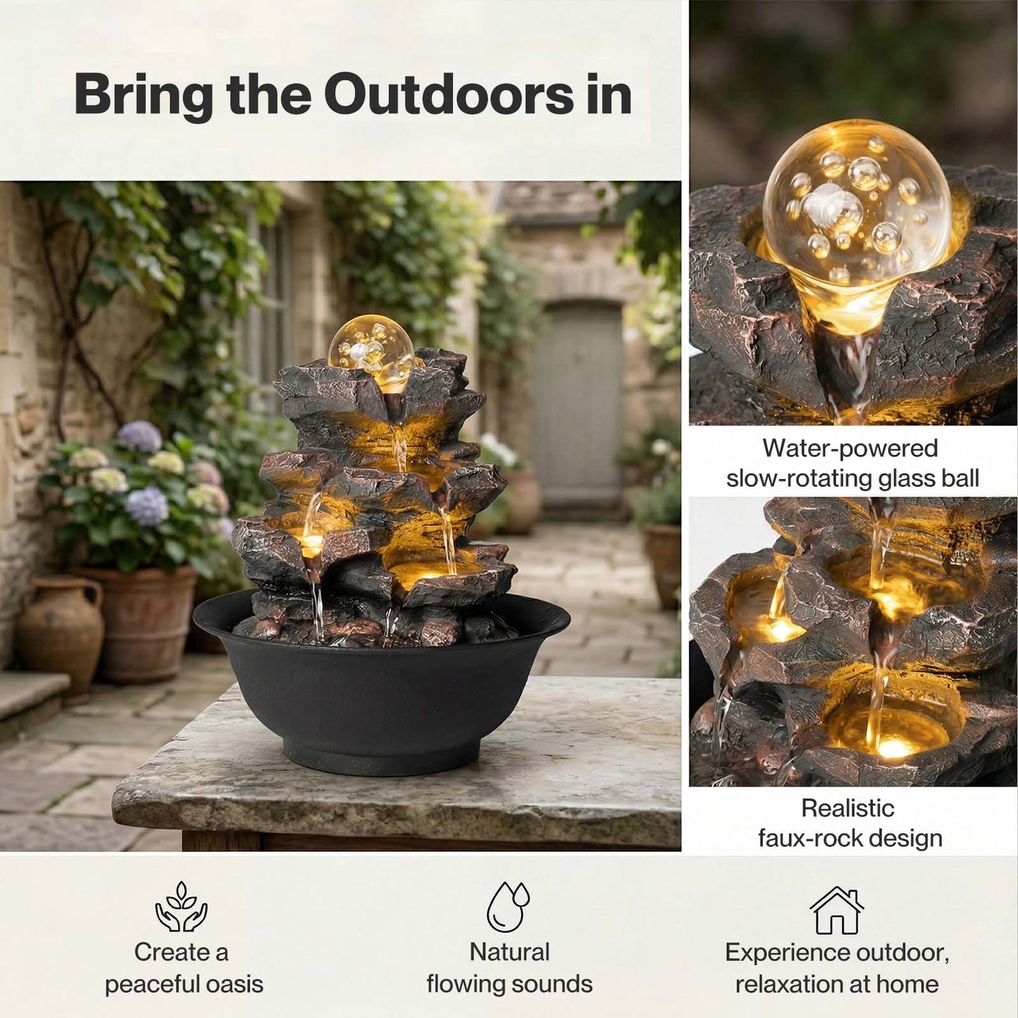 Spector Tabletop Water Fountain Indoor Water Feature LED Glass Ball Resin Brown