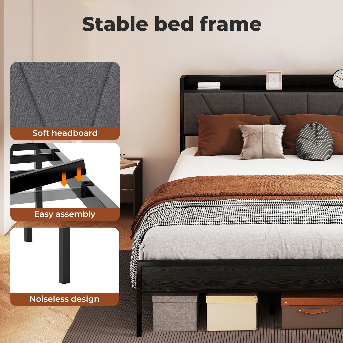 Levede Bed Frame Metal Platform Upholstered Headboard with Storage Single Double