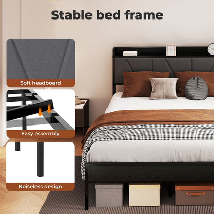 Levede Bed Frame Metal Platform Upholstered Headboard with Storage Single Double